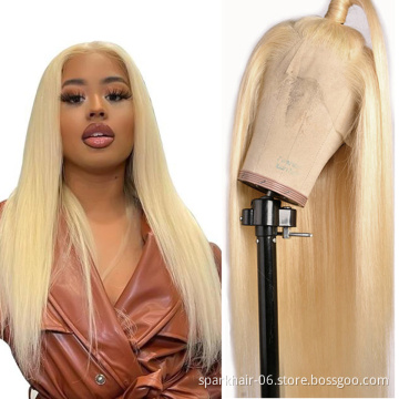 613# Blonde Straight Human Hair Lace Closure Wigs Cuticle Aligned, 4*4 Brazilian Remy Hair Wig Lace Front 613#